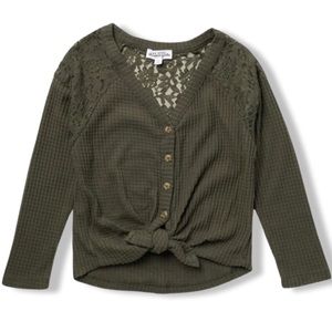 Cardigan Waffle Knit & Lace Olive Green Buttoned Top, Ten Sixty Sherman Girls